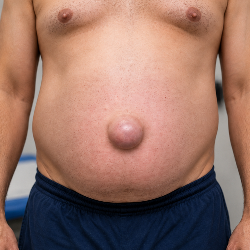 Cuerpo de un hombre con una hernia umbilical