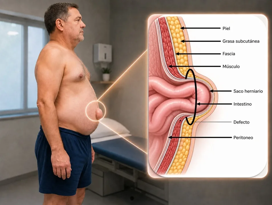 Paciente con hernia abdominal y esquema anatómico que muestra el defecto de la pared abdominal y el saco herniario