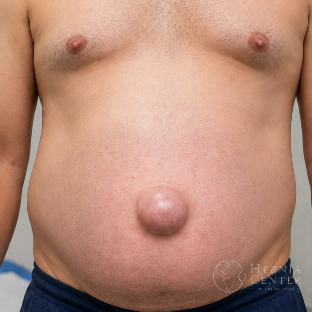 Fotografía de un hombre con una hernia umbilical